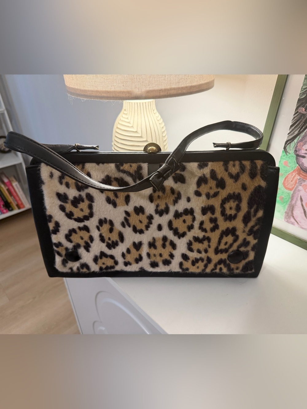 Vintage Mid Century Souré Bag New York Leopard Print Frame Top Handle Handbag